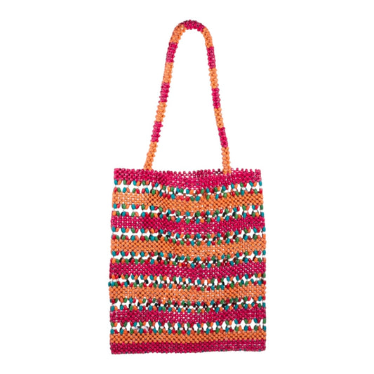 Green, Blue and White Vibrant Wooden Beaded Tote Bag