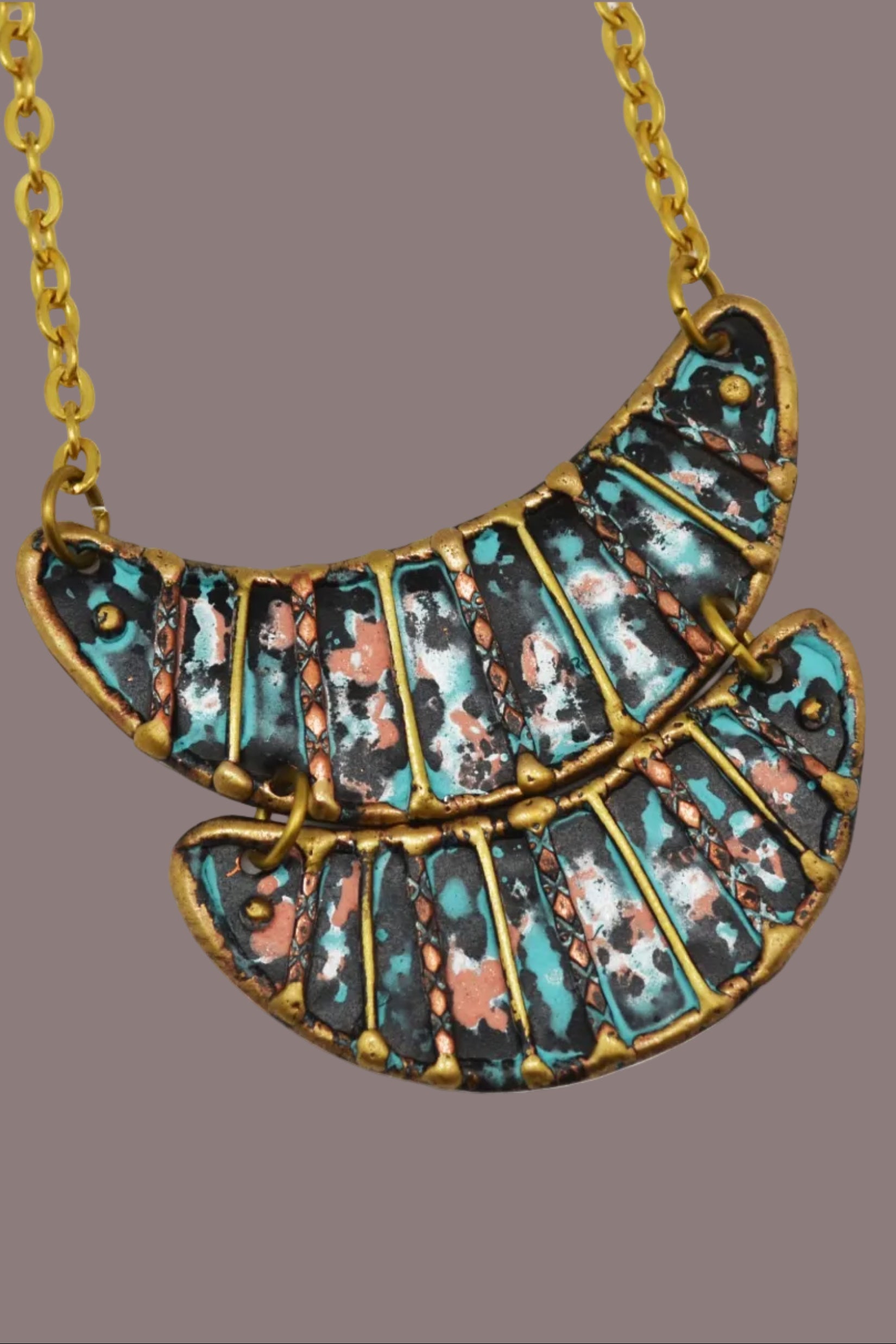 Double Plate Brass and Copper with Blue/Green Patina Necklace