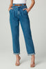 Blue baggy belted denim pants roll hem