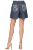 Elastic waist denim patchplay shorts, close-up
