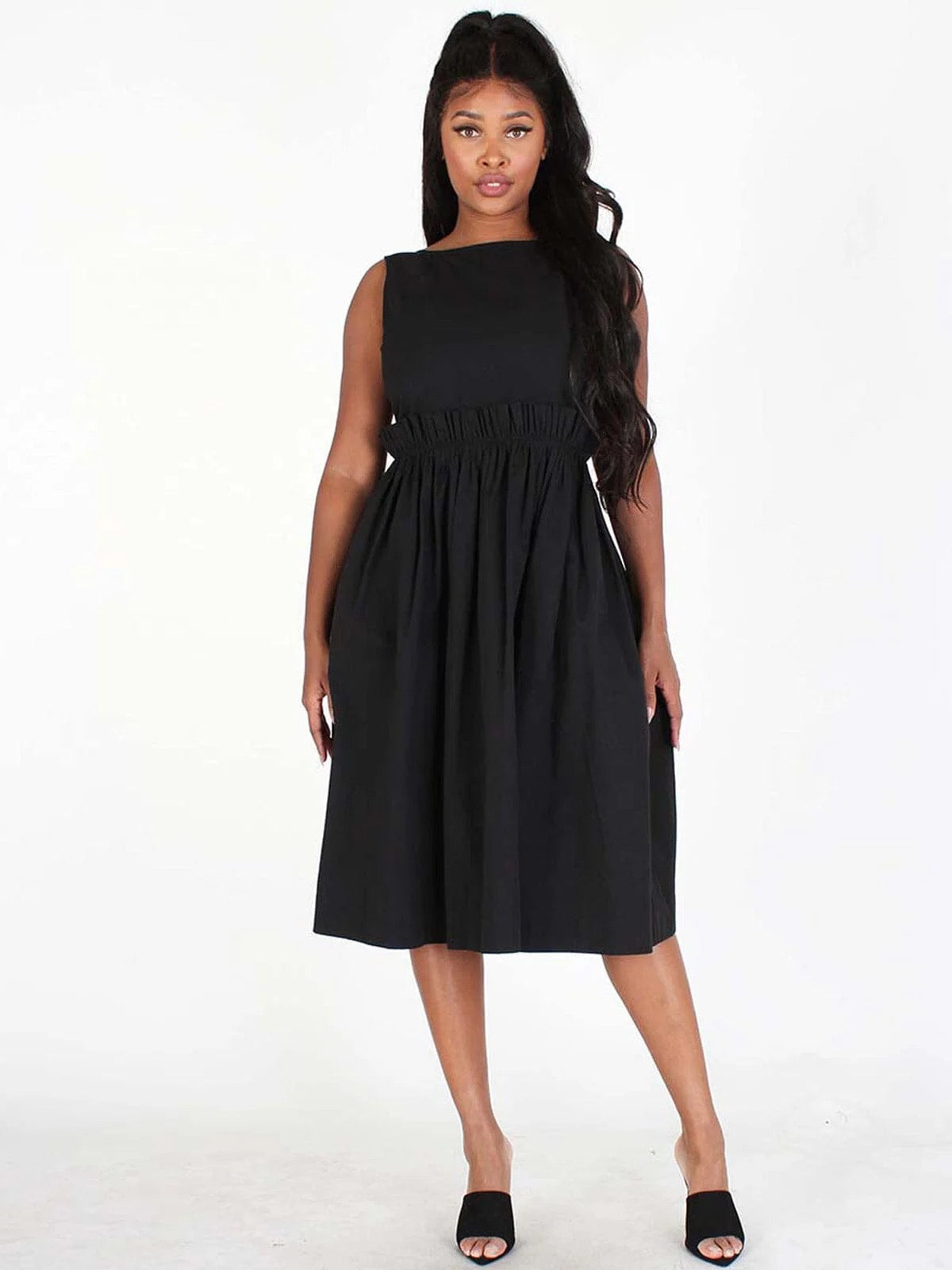 BACK BUTTON UP POCKETS FIT & FLARE SLEEVELESS MIDI DRESS