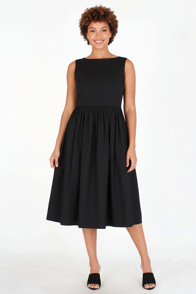 BACK BUTTON UP POCKETS FIT & FLARE SLEEVELESS MIDI DRESS