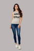 Empowered graphic muscle tank top in rayon, styled on model