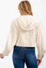 Oatmeal button closure hooded denim jacket side view
