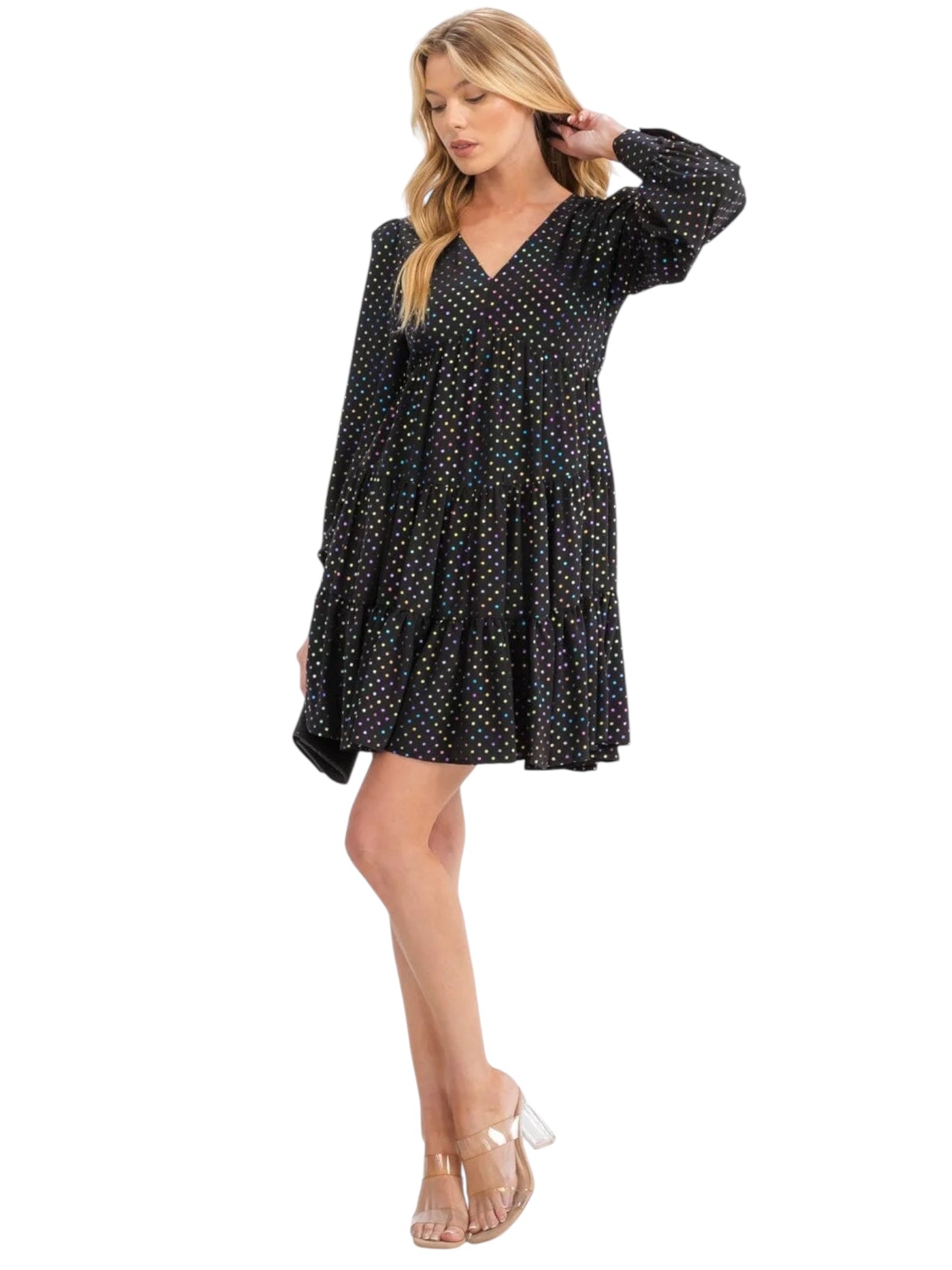 BLACK MULTI COLOR POLKA DOTS PRINT TUNIC MINI DRESS