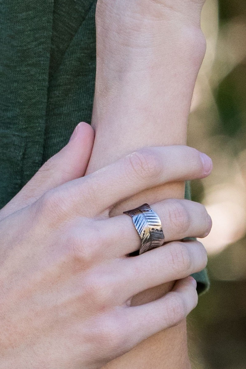 Handmade Banana Leaf Kashi  antique silver plated adjustable ring.