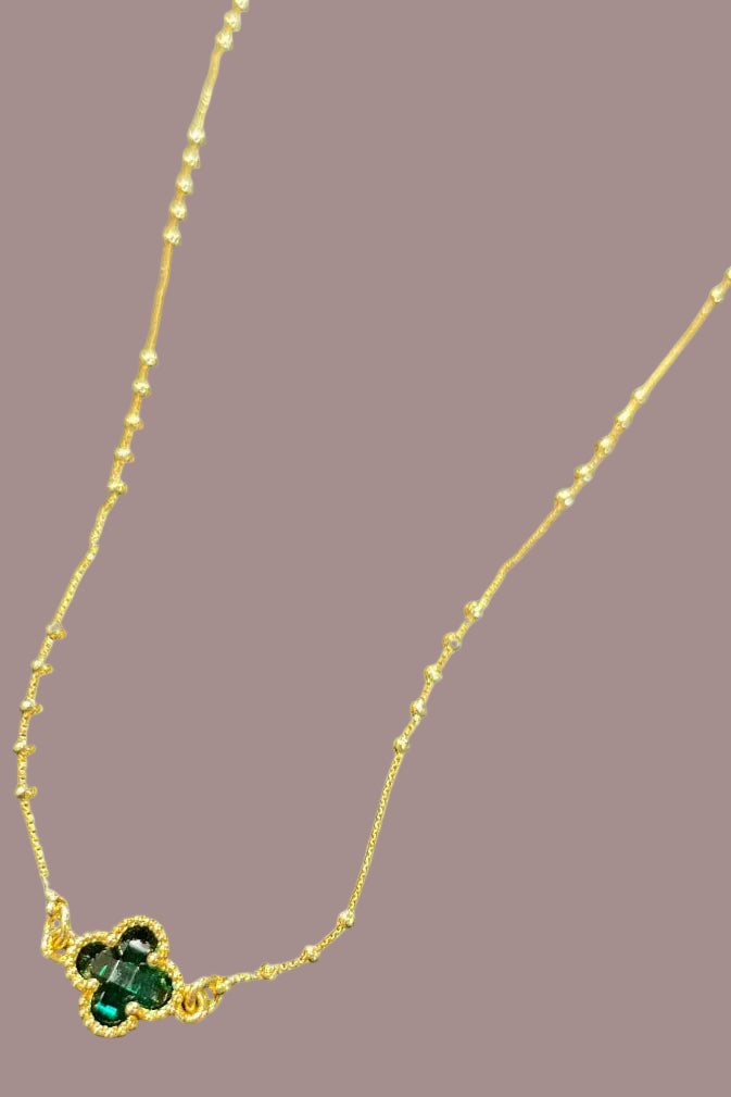 Gold Dipped Emerald Rhinestone Clover Pendant Necklace