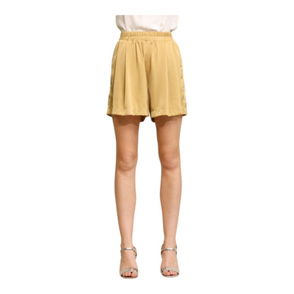 Golden Pleated Wide Leg and Elastic Waist Satin Shorts