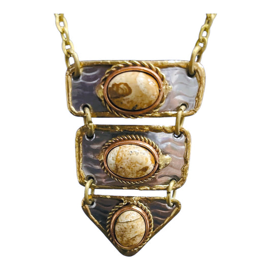 Mixed metal bib necklace accented with Jasper stones.