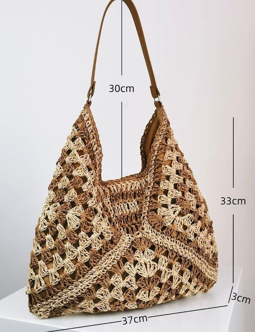 Brown & Cream Raffia Knit Shoulder Bag
