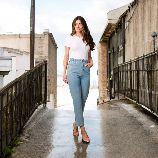 ELASTIC WAIST BUTTON CLOSURE DENIM CROP PANTS
