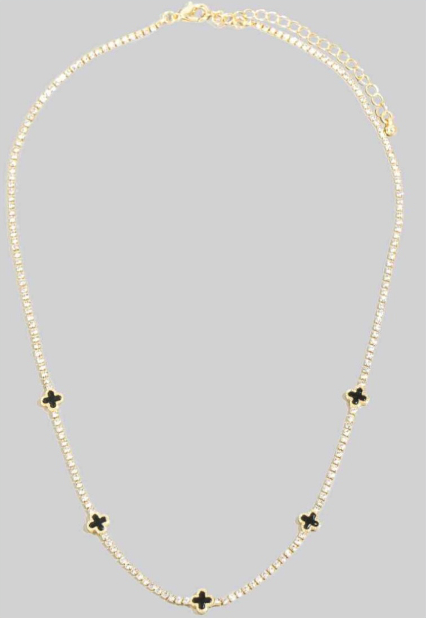 Black Shell Clover Station Charms Rhinestone Chain Necklace