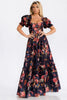 Black and pink floral puff sleeve maxi dress by Mandalay and Company