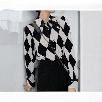 Black/ White Diamond Shape Long Sleeve  Button Down Blouse