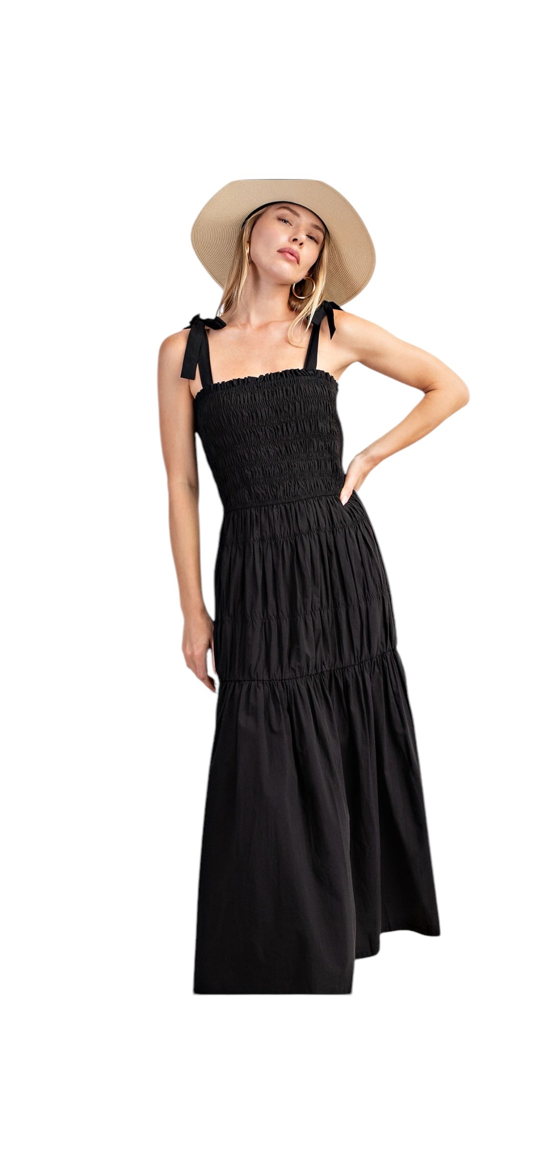 Smocked Maxi Dress with Shoulder Tie