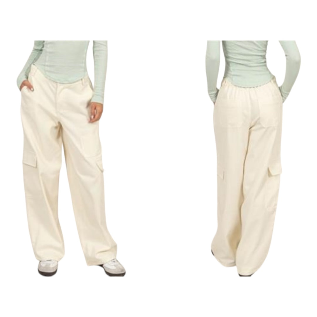 Cream Elastic Waist Wide - Leg Cargo Pants