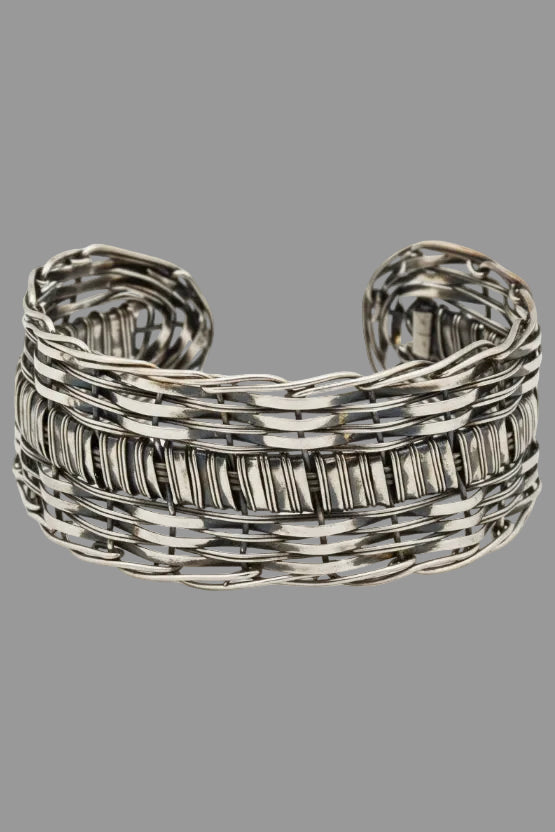 Handmade silvertone adjustable Banjara basketweave cuff