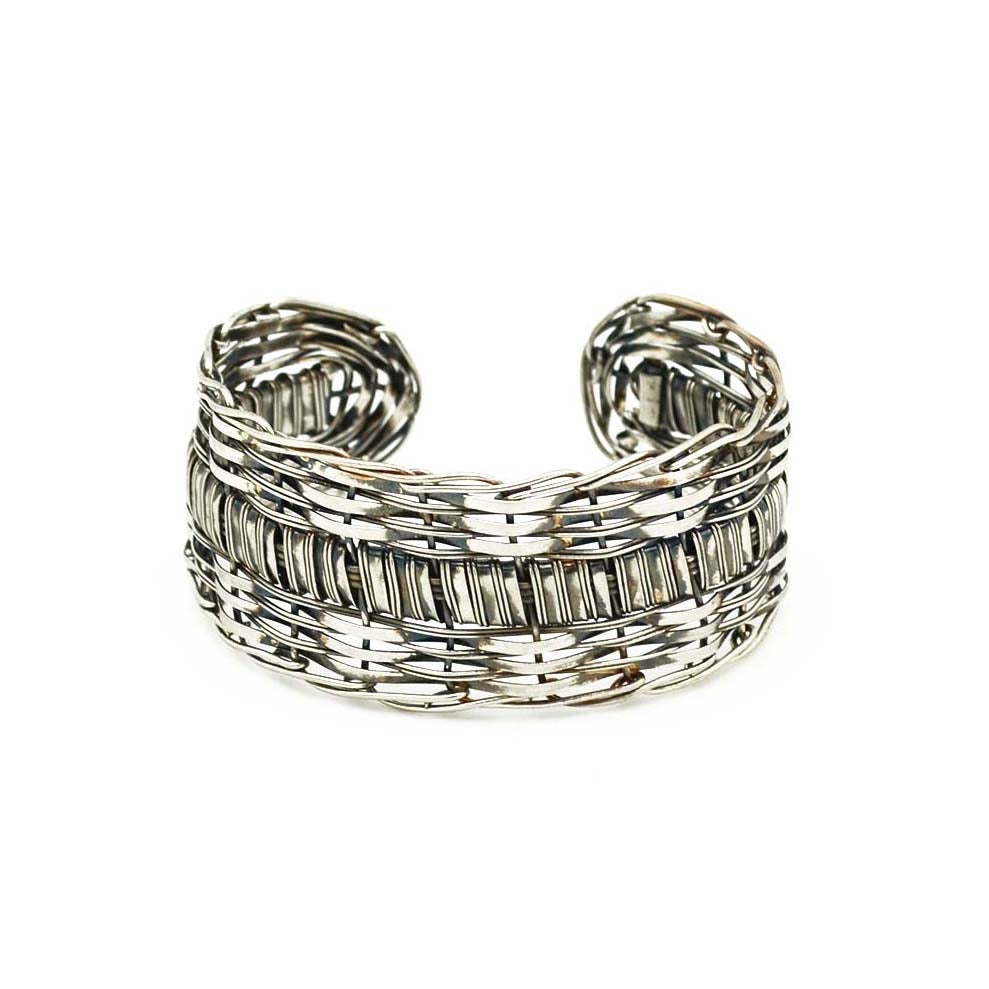 Handmade Silvertone- Adjustable Banjara Basketweave Cuff