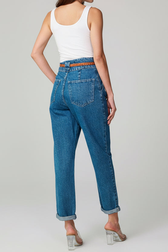 BLUE MEDIUM WASH HIGH WAIST BAGGY ROLL HEM BELTED DENIM JEANS