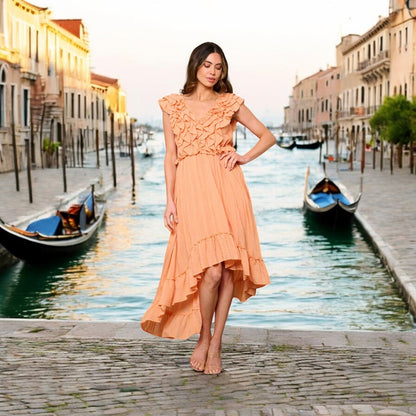 RUFFLE FRONT HIGH-LOW SLEEVELESS MIDI DRESS
