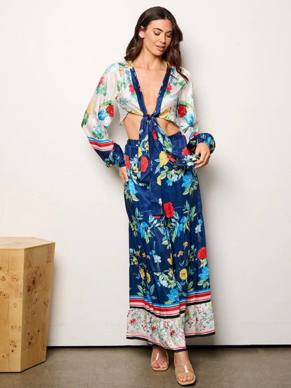 FLORAL CROP TOP & ELASTIC WAIST TIERED PANTS SET