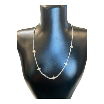 White Shell Clover Station Charms Rhinestone Chain Necklace