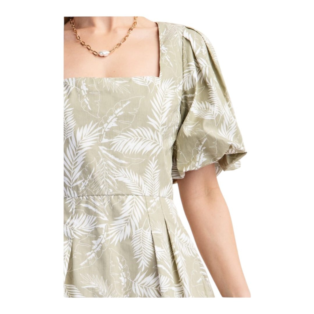 Leaf Printed Bubble Hem Short Sleeve Dress