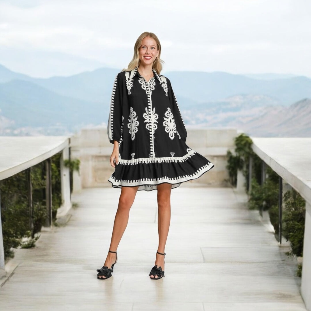 Black Border Paisley Button Up Tiered Hem Dress