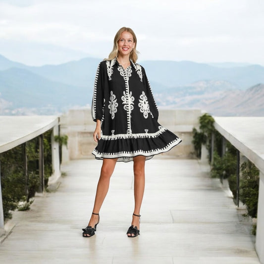 Black Border Paisley Button Up Tiered Hem Dress