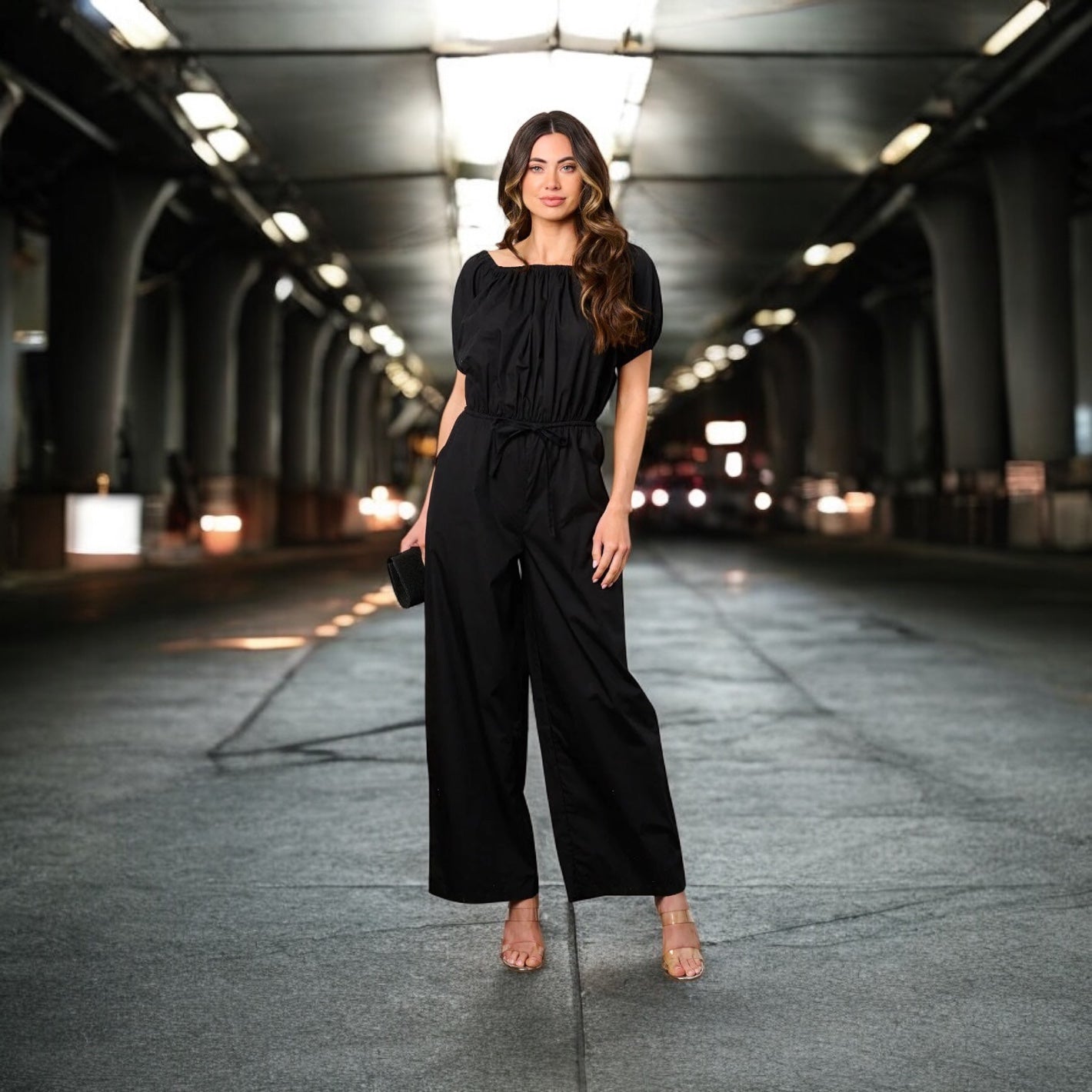 SHORT PUFF SLEEVE ELASTIC WAIST POCKETS WIDE LEG JUMPSUIT