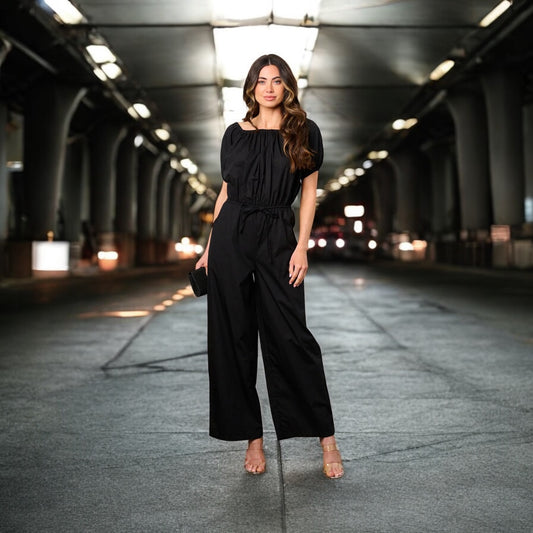 SHORT PUFF SLEEVE ELASTIC WAIST POCKETS WIDE LEG JUMPSUIT