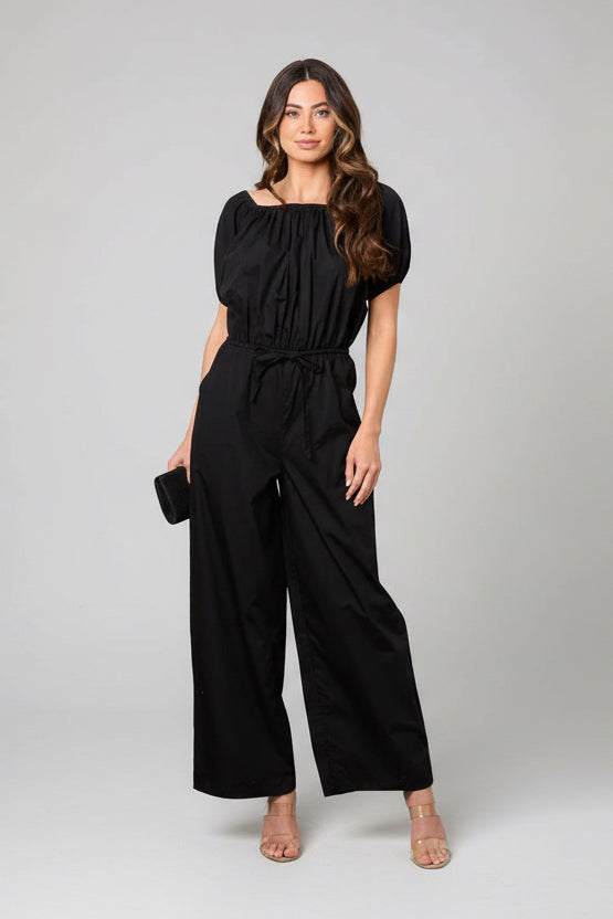 MIDNIGHT CLINCH PUFF SLEEVE ELASTIC WAIST WIDE LEG JUMPSUIT
