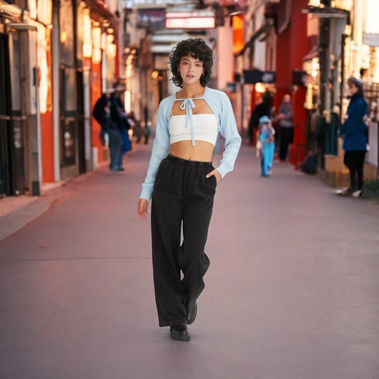Black Elastic Waist wide Leg Pants