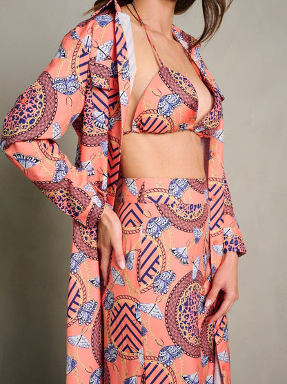 BUTTERFLY CROP TOP KIMONO PANTSUIT MULTI PRINT 3PC. SET