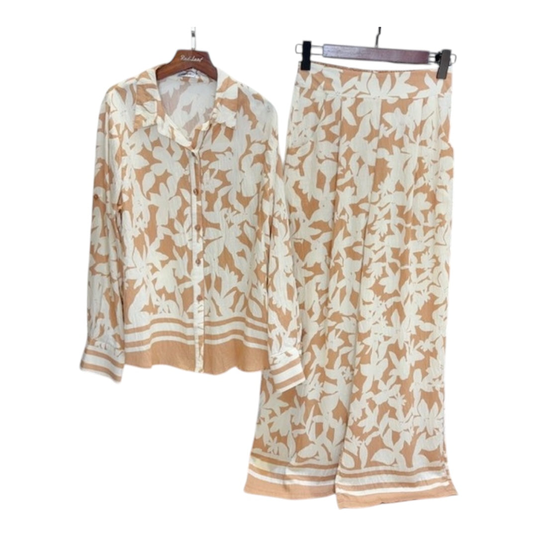 Beige Floral Button Down Top Wide Leg Two-Piece Set