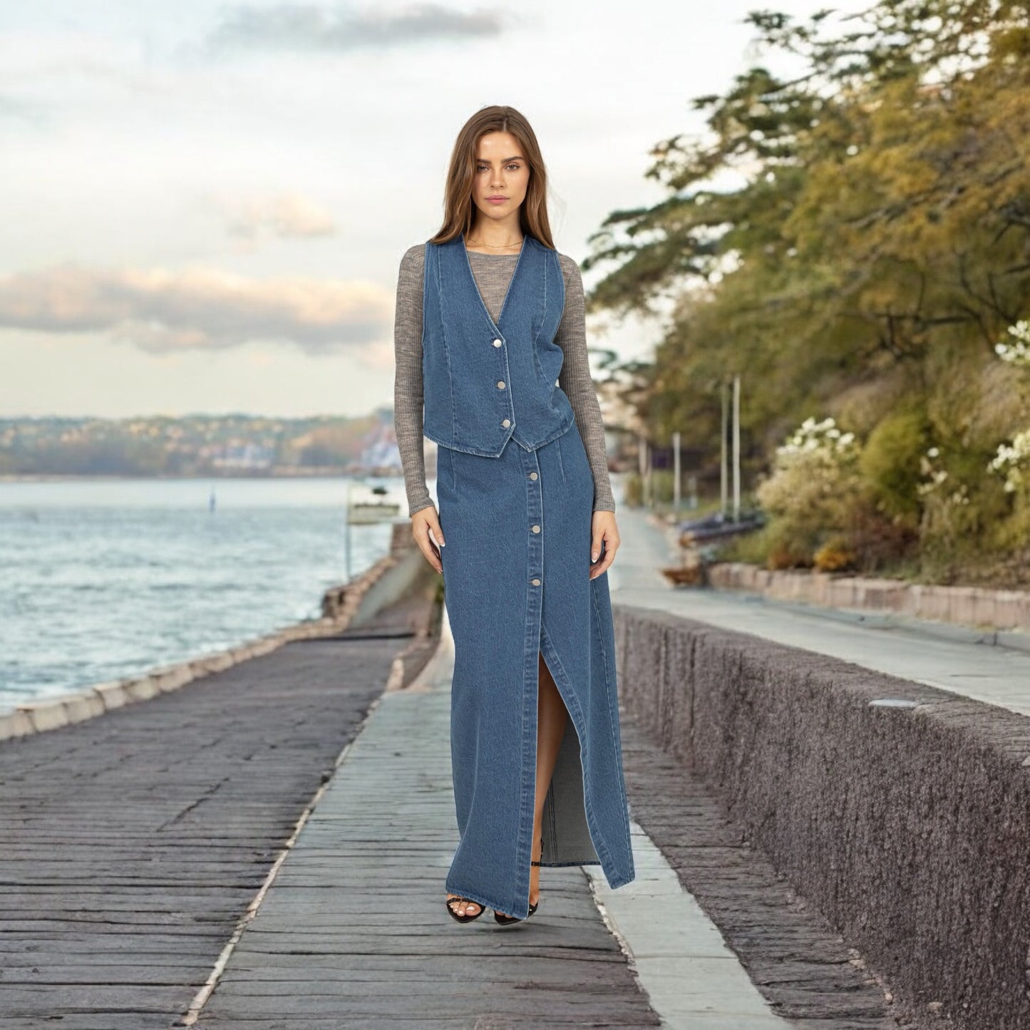 Long Dark Denim Button Front Skirt