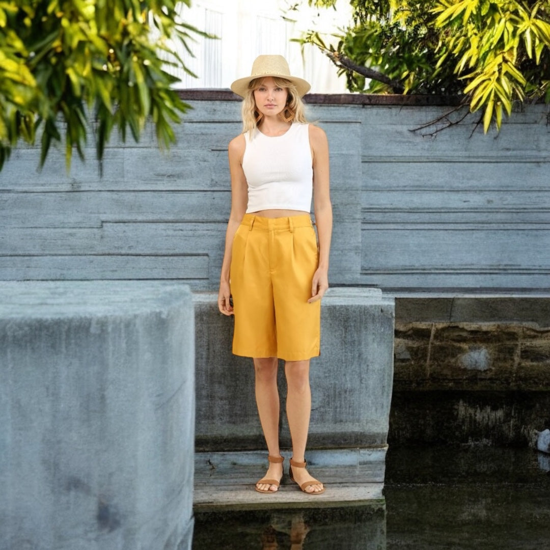 Sea Green Solid and Back Elastic Waist Bermuda Shorts