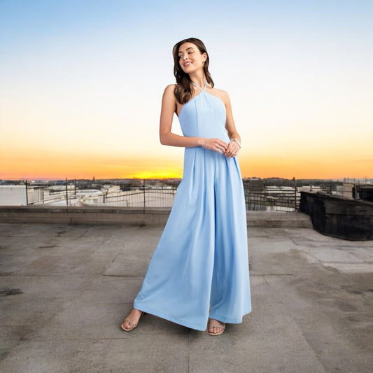 Lt. Blue Halter Neck Wide Leg Jumpsuit