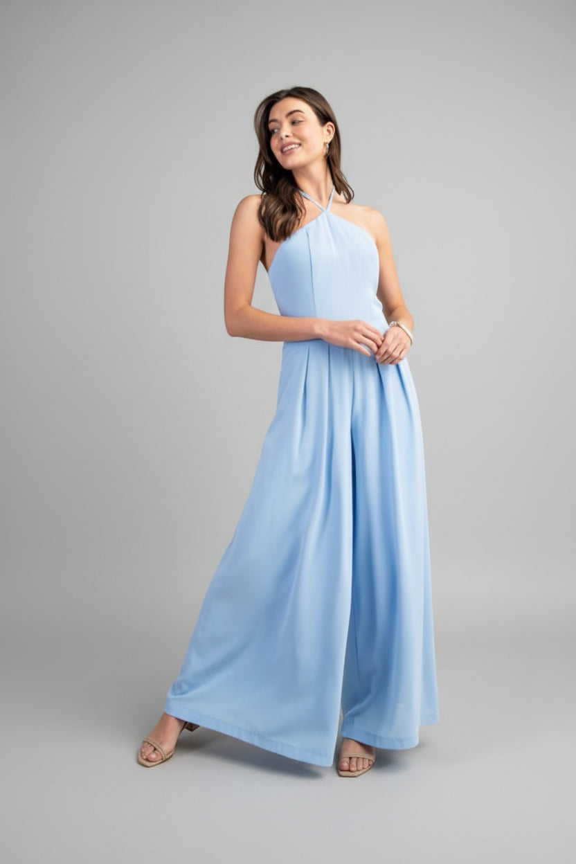 TWILIGHT STROLL BLUE HALTER NECK WIDE LEG JUMPSUIT