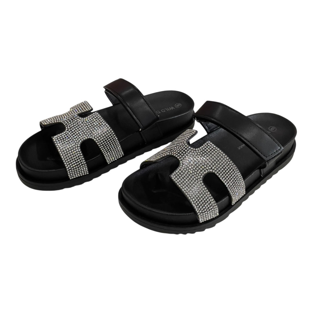 BLACK EMBELLISHED SLIP ON SLIDES