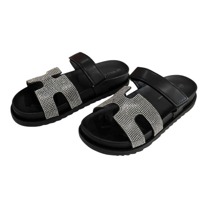 BLACK EMBELLISHED SLIP ON SLIDES