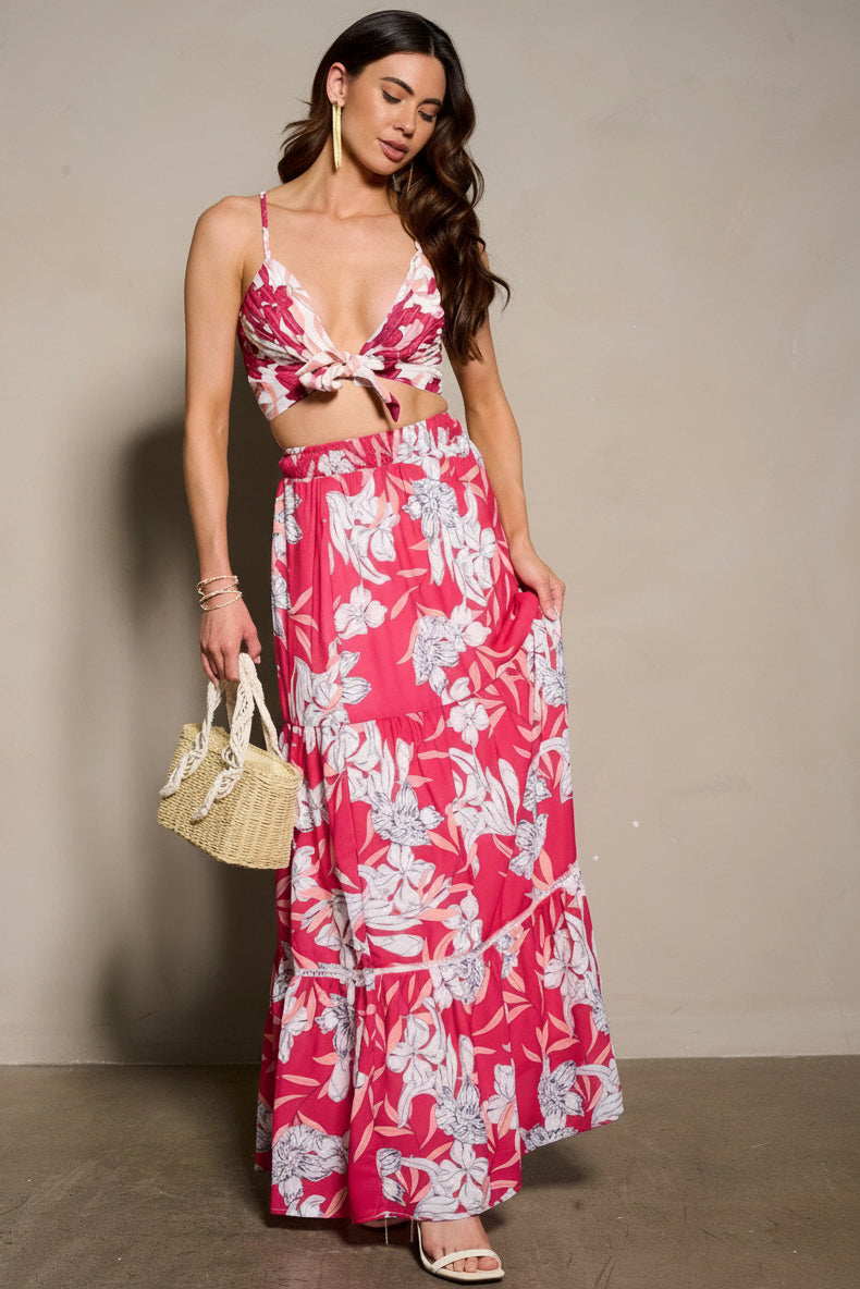 FLAMINGO BLOOM FLORAL CROP TOP MAXI SKIRT SET