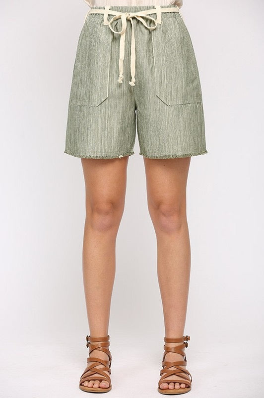 Lt. Olive Woven Twill Tape Bermuda Shorts w/ Raw Edge and Pocket