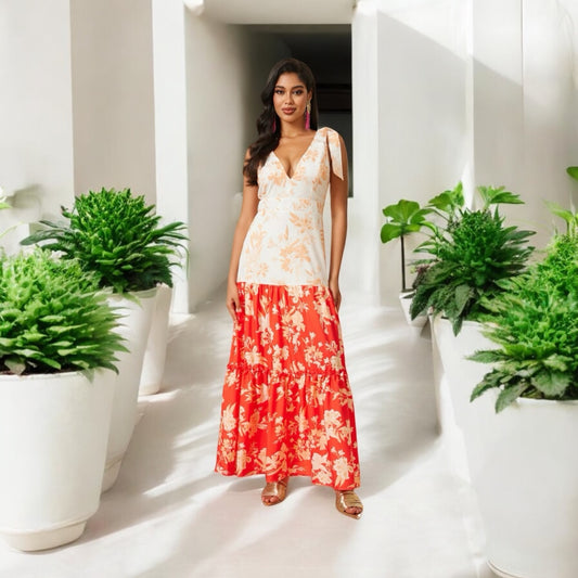 SLEEVELESS V-NECK TIERED COLOR BLOCK PRINTED MAXI DRESS