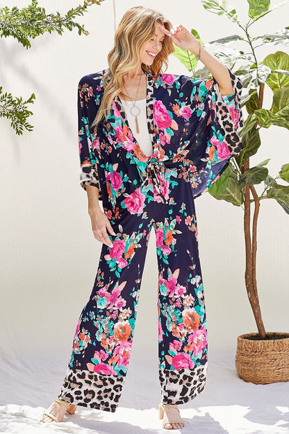 FLORAL AND LEOPARD MIX PRINT KIMONO PANTS RESORT SET