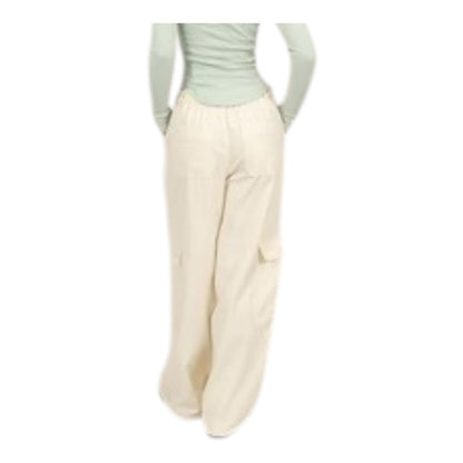 Cream Elastic Waist Wide - Leg Cargo Pants
