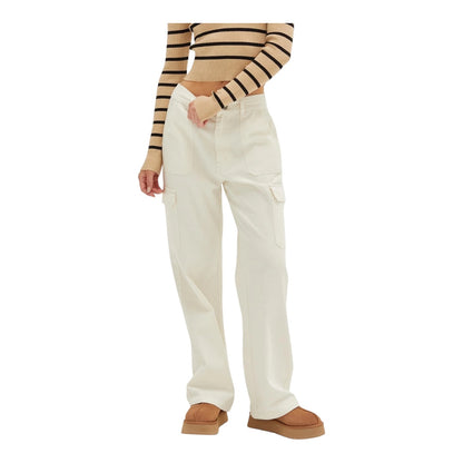 Cream High Waisted Wide Leg Cargo Pants