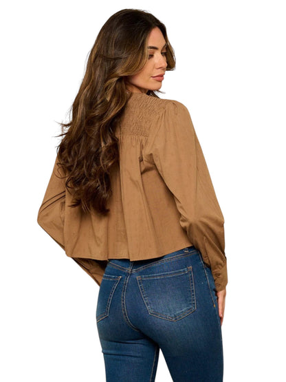 BROWN LONG SLEEVE SMOCK DETAILED TOP