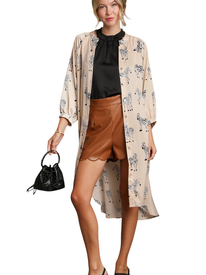 Satin Zebra Print Button Down High Low Hen Midi Dress