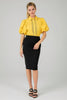 Yellow button-up blouse with crochet detail